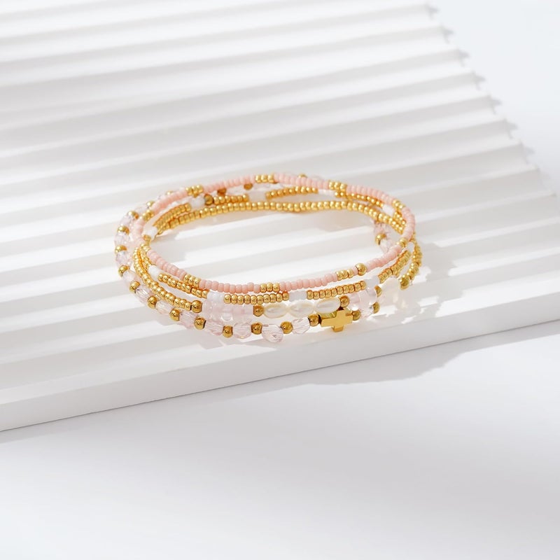 Pymach Store Dainty Gold Plated Pearl Crystal Beaded Bracelets Set for Women 14K Gold Plated Bead Pearl Beads Bracelet Stackable Paperclip Link Chain Bracelets Gold Plated Bracelets for Women Trendy Jewelry - Image 2